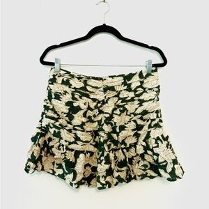 Zara Boho Floral Ruffle Mini Skirt Size M Green Beige Ruched Festival